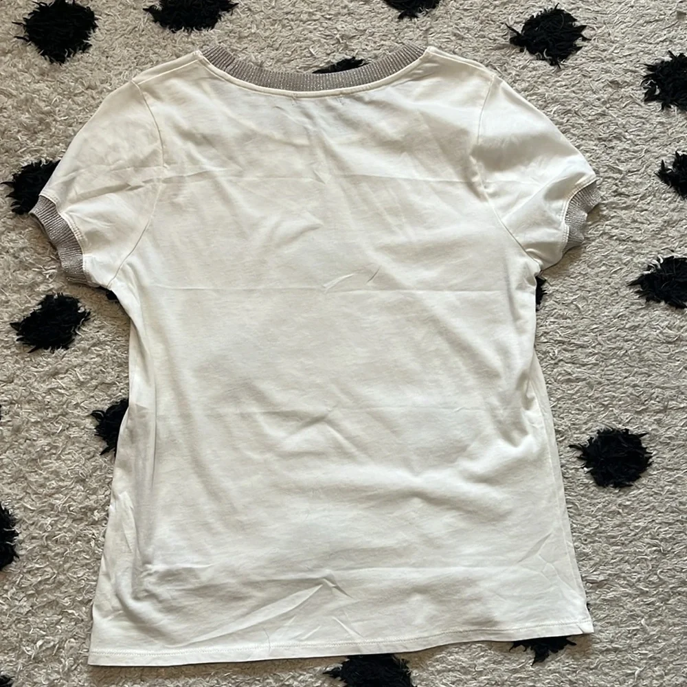 InCashmere size S Cream Tee basic, soft with Tan metallic Trim on neck & sleeve